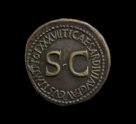 Romersk keisermynt fra Roma, 35-36 e.Kr. (orichalcum messing)